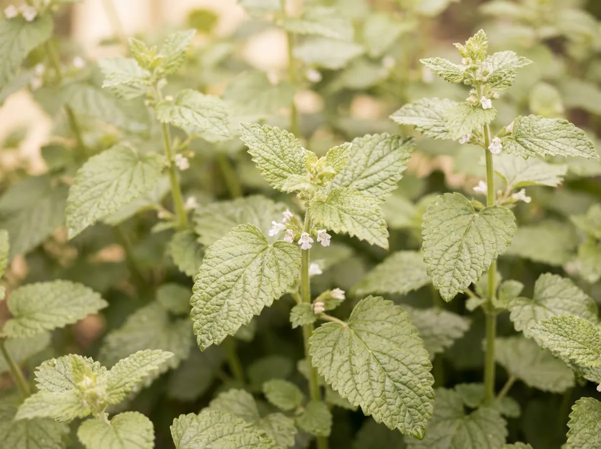 Lemon balm foliage with soft crinkled leaves in a garden row
