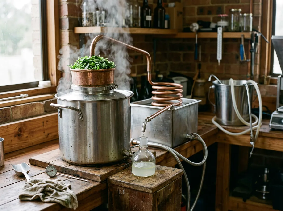 Fresh lemon balm packed into a small still in a distillery